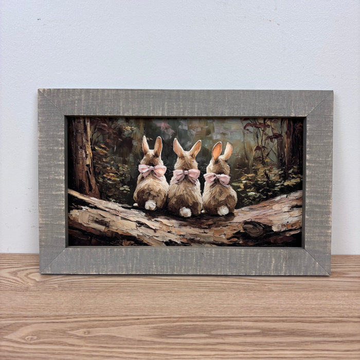Bunnies with Pink Bows in Forest - Natural Frame
