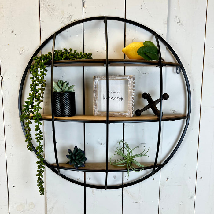 Black Metal Wall Shelf with Wood Shelves
