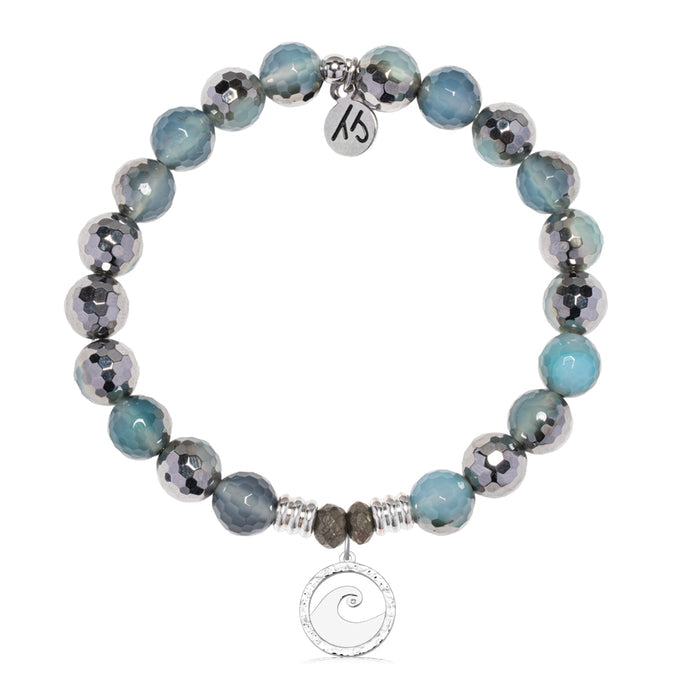 Blue Silver Agate Gemstone Bracelet with Waves of Strength Sterling Silver Charm