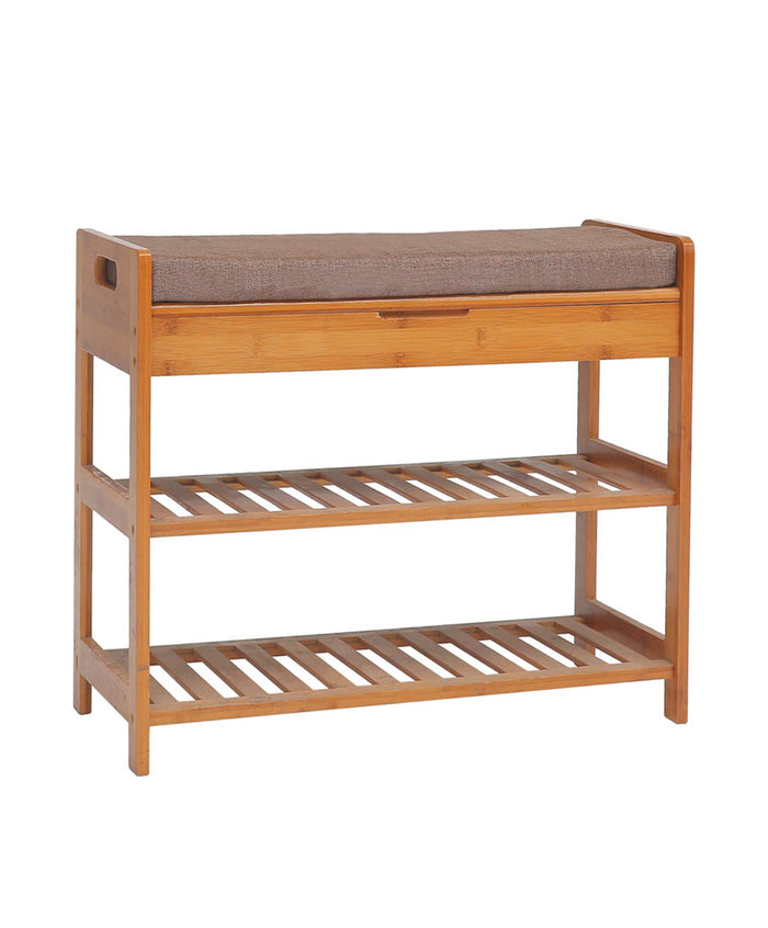 C&AHOME 2 Tier Natural Bamboo Shoe Rack Foot Stool with Cushion and Storage Drawer on Top