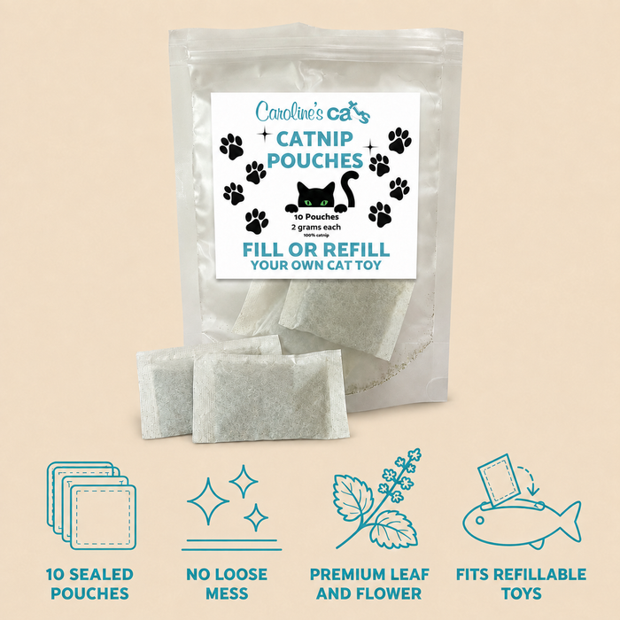 Caroline's Cats Catnip Pouches for Cat Toys, 10 No-Mess Refill Packets, Indoor Cats -- Replacement Nip for Flapping Bird, Flopping Fish, and Interactive Toys