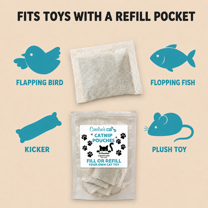 Caroline's Cats Catnip Pouches for Cat Toys, 10 No-Mess Refill Packets, Indoor Cats -- Replacement Nip for Flapping Bird, Flopping Fish, and Interactive Toys