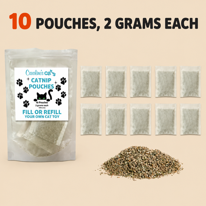 Caroline's Cats Catnip Pouches for Cat Toys, 10 No-Mess Refill Packets, Indoor Cats -- Replacement Nip for Flapping Bird, Flopping Fish, and Interactive Toys
