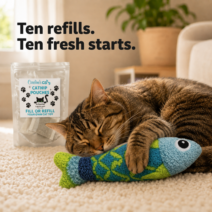Caroline's Cats Catnip Pouches for Cat Toys, 10 No-Mess Refill Packets, Indoor Cats -- Replacement Nip for Flapping Bird, Flopping Fish, and Interactive Toys