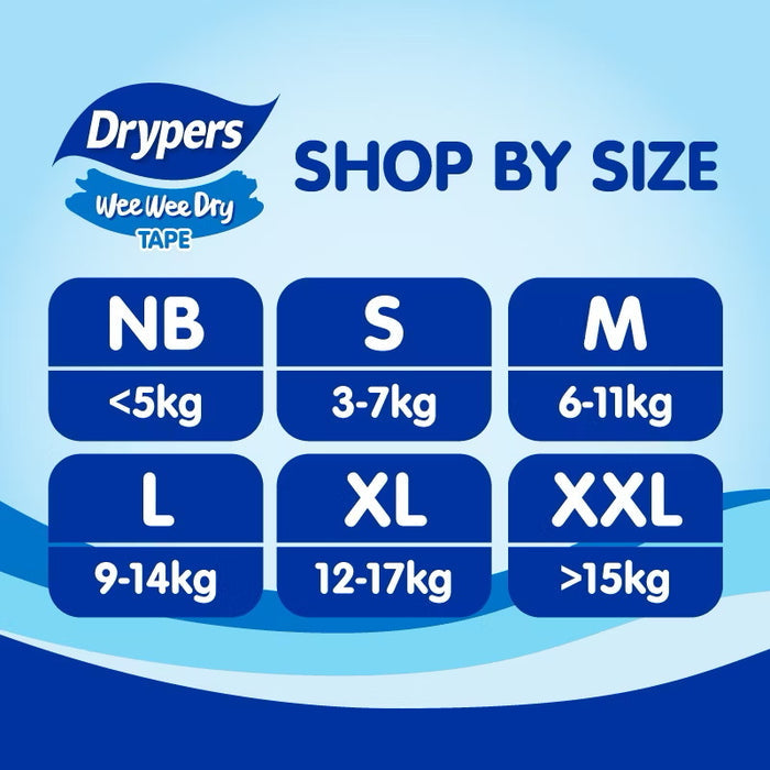 Drypers Wee Wee Dry Baby Diapers Mega Twin Pack Bundle (Tape) 2x(S80/M60/L58/XL50)