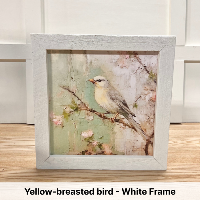 Yellow-breasted bird on branch - White Frame