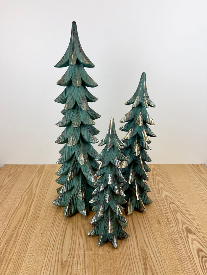 Green Resin Trees with Gold Accent Large - Set of 3