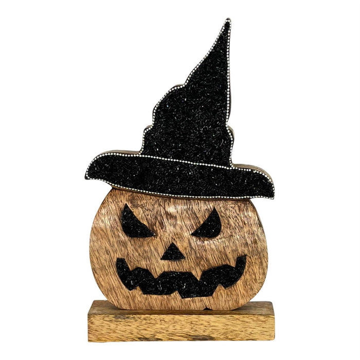 Jack O Lantern With Witch Hat On Wood Stand
