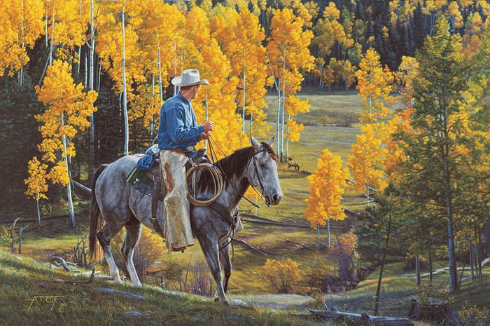 Land of the Free Autumn Cowboy Elk Art Prints by Tim Cox Artist