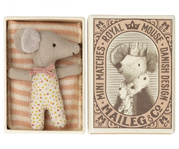 Maileg Sleepy Wakey Baby Mouse In Matchbox-Rose