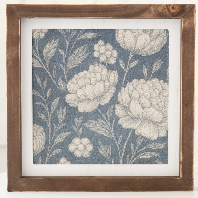 Orange Leaf Motif / Blue Floral Print Reversible Wood Frame Art