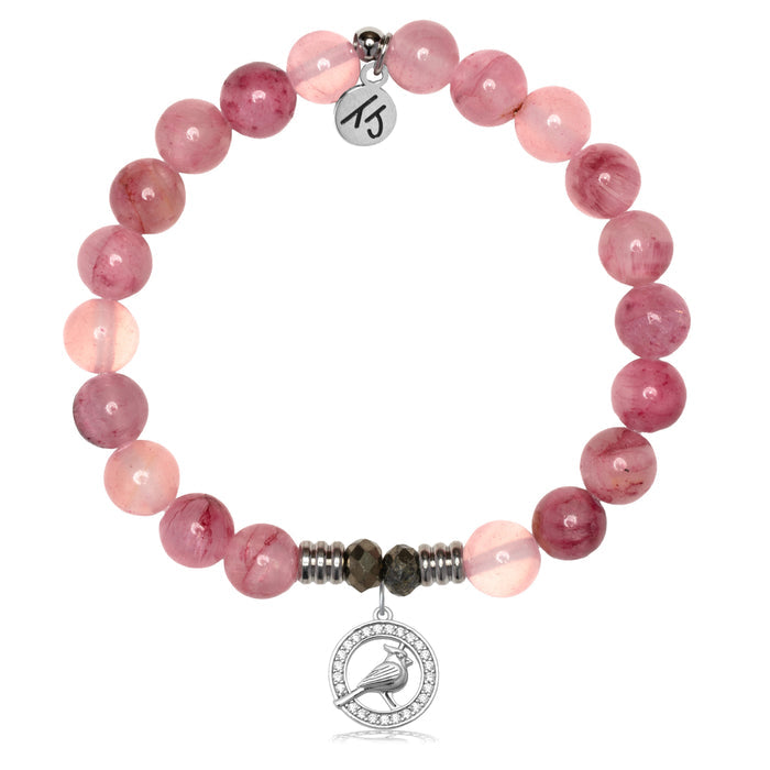 Pink Chalcedony Gemstone Bracelet with Cardinal CZ Sterling Silver Charm