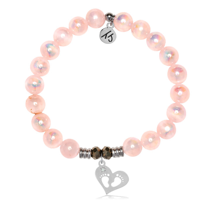 Pink Selenite Gemstone Bracelet with Baby Feet Sterling Silver Charm