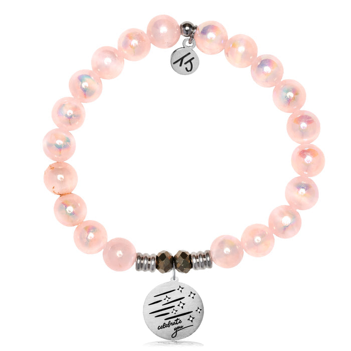 Pink Selenite Gemstone Bracelet with Birthday Wishes Sterling Silver Charm