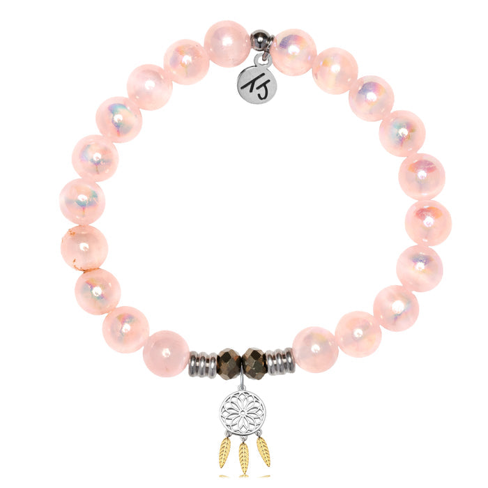 Pink Selenite Gemstone Bracelet with Dream Catcher Sterling Silver Charm