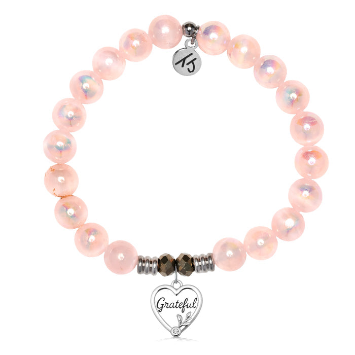 Pink Selenite Gemstone Bracelet with Grateful Sterling Silver Charm