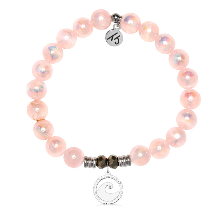 Pink Selenite Gemstone Bracelet with Waves of Strength Sterling Silver Charm