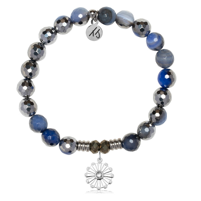 Silver Dipped Sky Blue Agate Gemstone Bracelet with Happiness Sterling Silver Charm