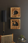 Square Framed Teak Wall Art, Set of 2