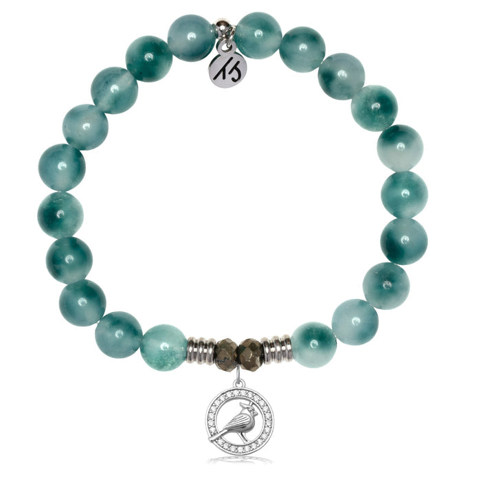 Teal White Jade Gemstone Bracelet with Cardinal White CZ Sterling Silver Charm