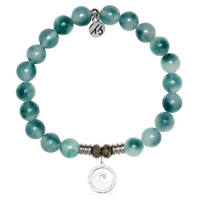 Teal White Jade Gemstone Bracelet with Waves of Strength Sterling Silver Charm