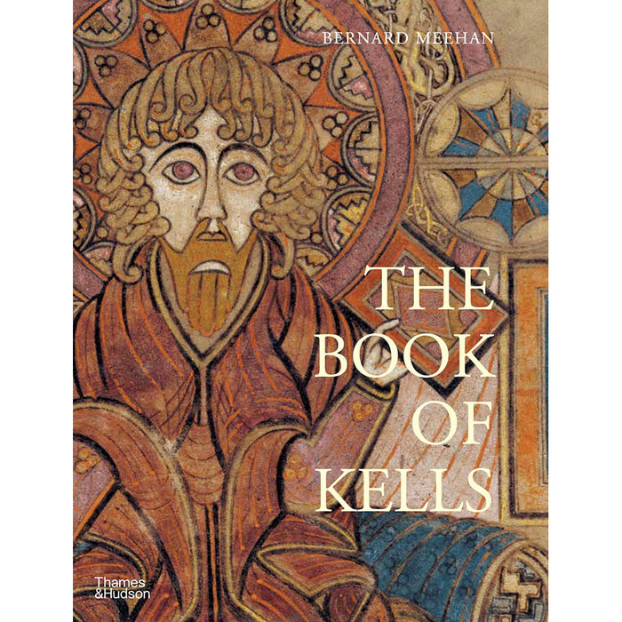 The cover of 'The Book of Kells' featuring an illustrated manuscript with intricate designs and a figure in the center.