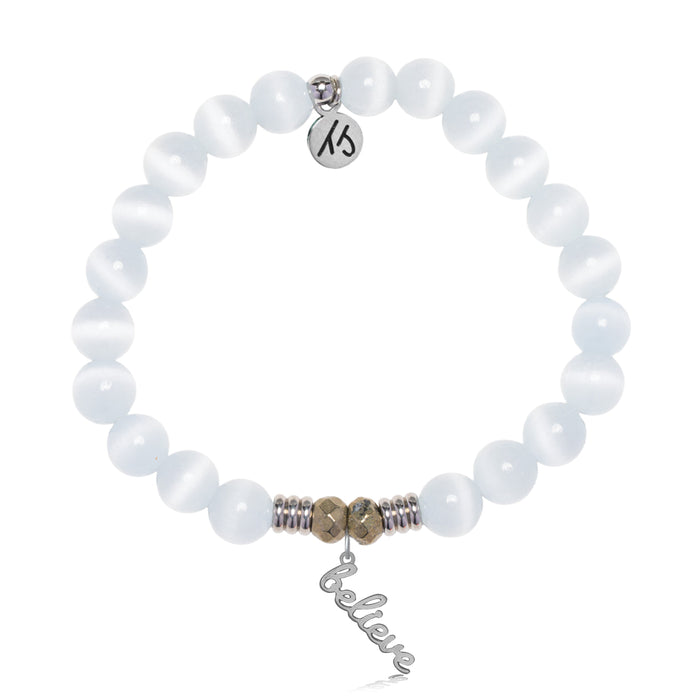 White Cats Eye Gemstone Bracelet with Believe in Yourself Sterling Silver Charm