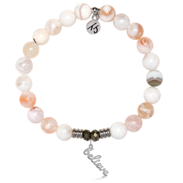 White Natural Agate Gemstone Bracelet with Believe in Yourself Sterling Silver Charm