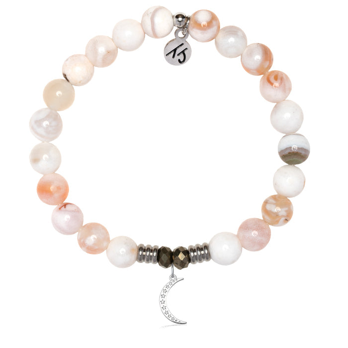 White Natural Agate Gemstone Bracelet with Friendship Moon Sterling Silver Charm