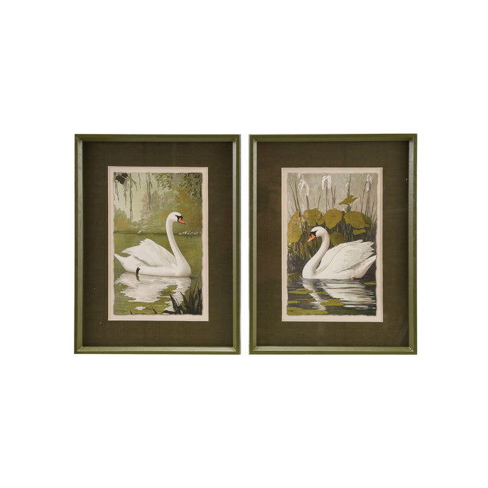 Wood Framed Glass Wall Decor with Swan, Set of 2