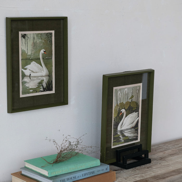 Wood Framed Glass Wall Decor with Swan, Set of 2